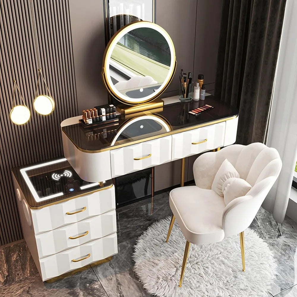 Modern Makeup Vanity Dressing Table with Side Cabinet and Chair