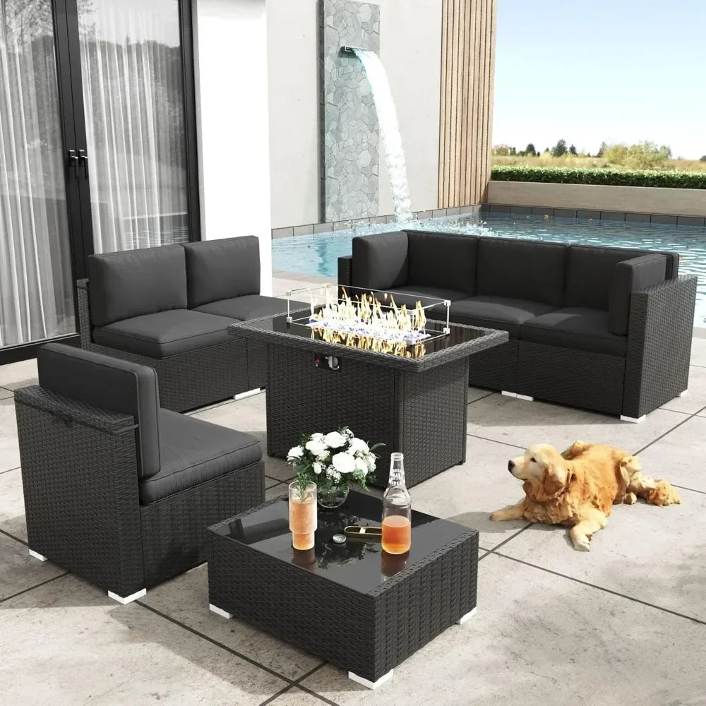Patio Furniture Set with Fire Pit 8 Pieces Outdoor Wicker Sofa Set