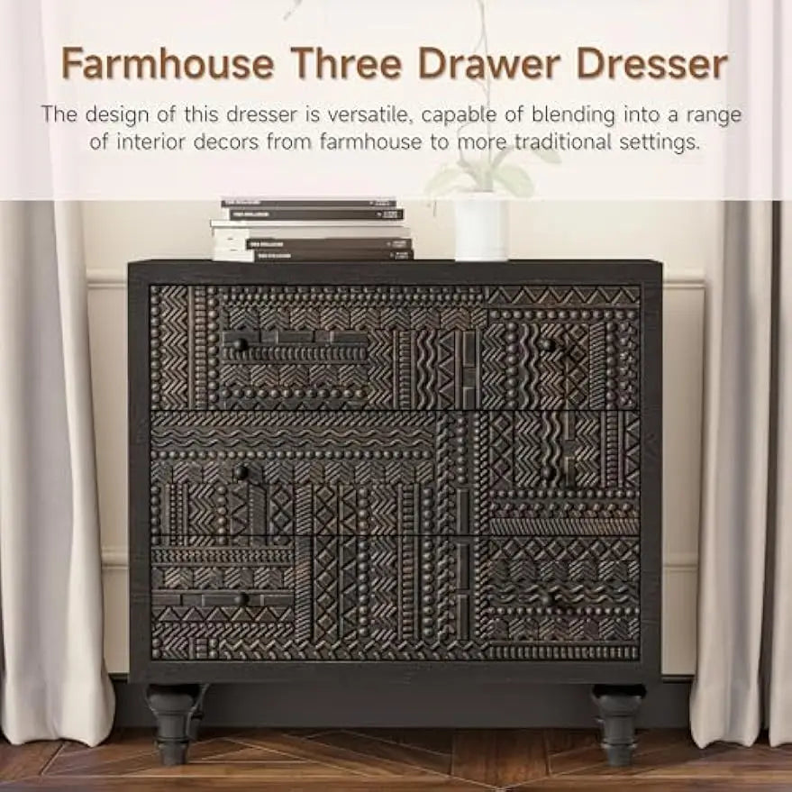 3 Drawer Farmhouse Dresser Geometric Carved Pattern Vintage Accent Chest