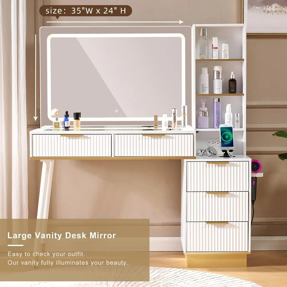 54 Inch Tall Vanity Desk with Large Mirror 5 Drawers and Shelves