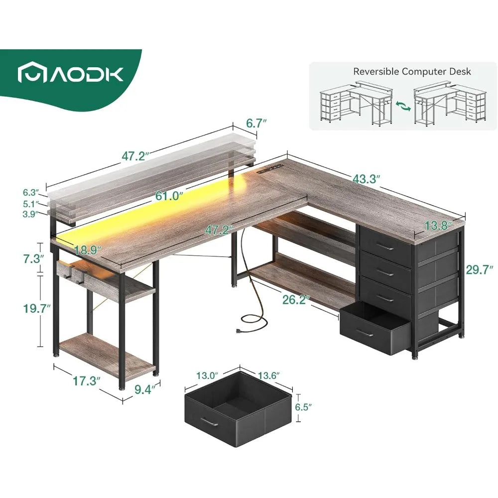 61 Inch L Shaped Desk with Drawer Power Outlets LED Lights Home Office