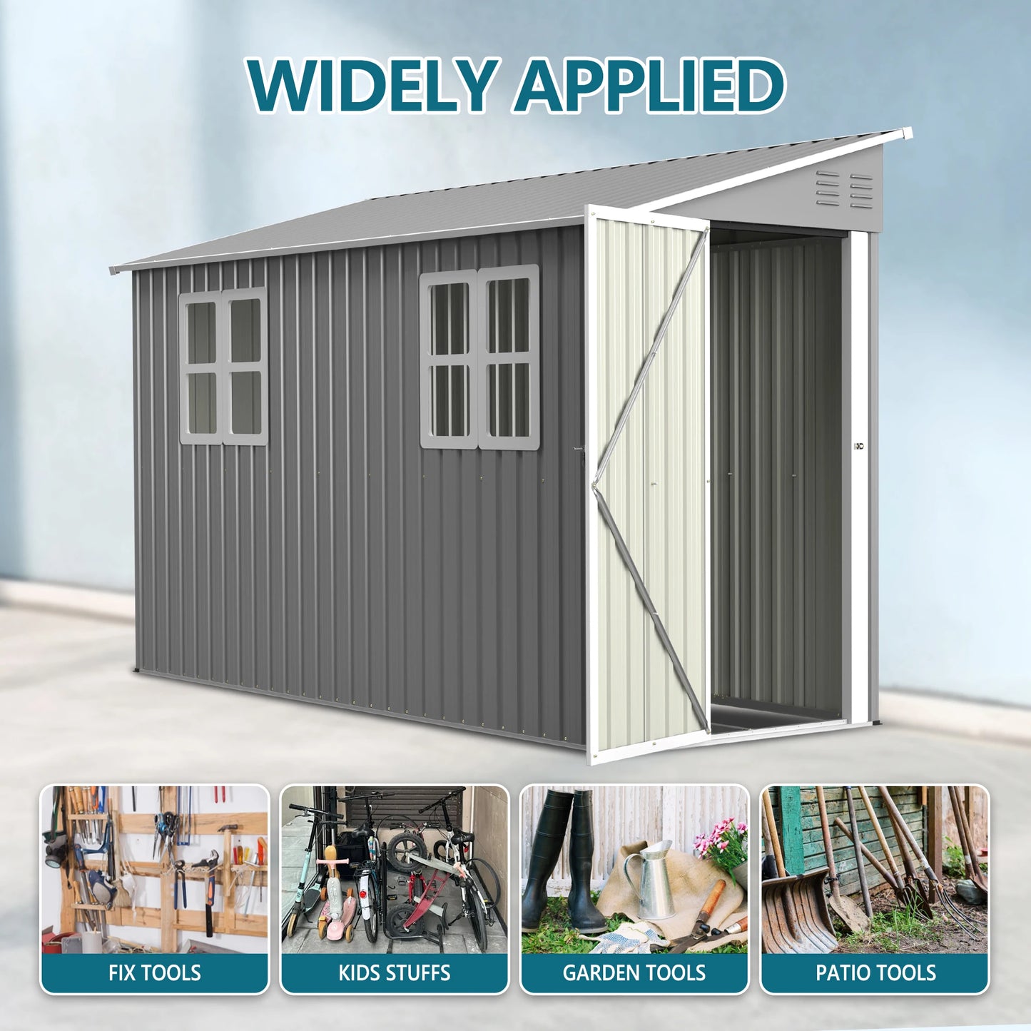 Galvanized Steel Outdoor Shed Weatherproof Lockable Storage Tools Bikes Pets
