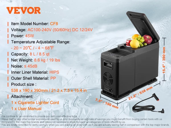 Portable Car Refrigerator 8L to 75L Bluetooth Adjustable Temp for Camping