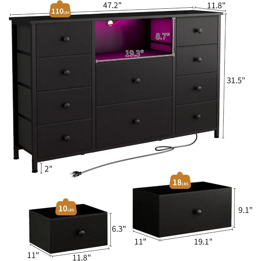 Dresser with Charging Station LED Lights 10 Drawers Modern Storage Unit