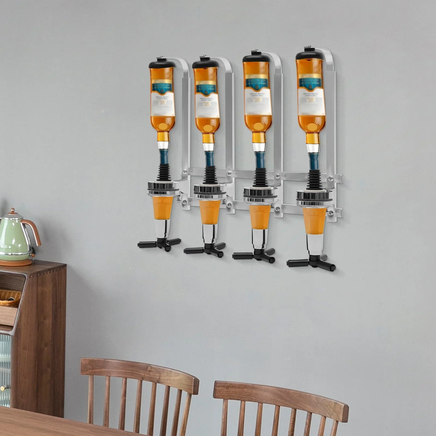 Wall Mounted 4 Bottle Dispenser Whiskey Rack Holder Wine Cocktail Shelf