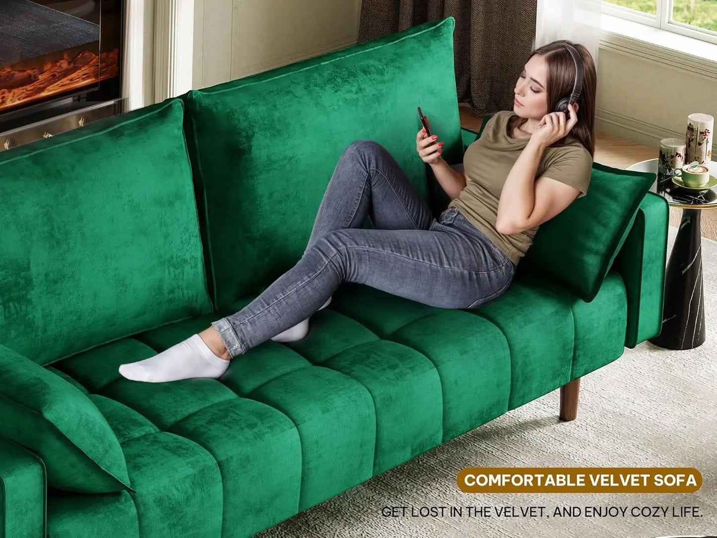 Ljustra 67" Loveseat Sofa Velvet Couch with Pillows & Storage