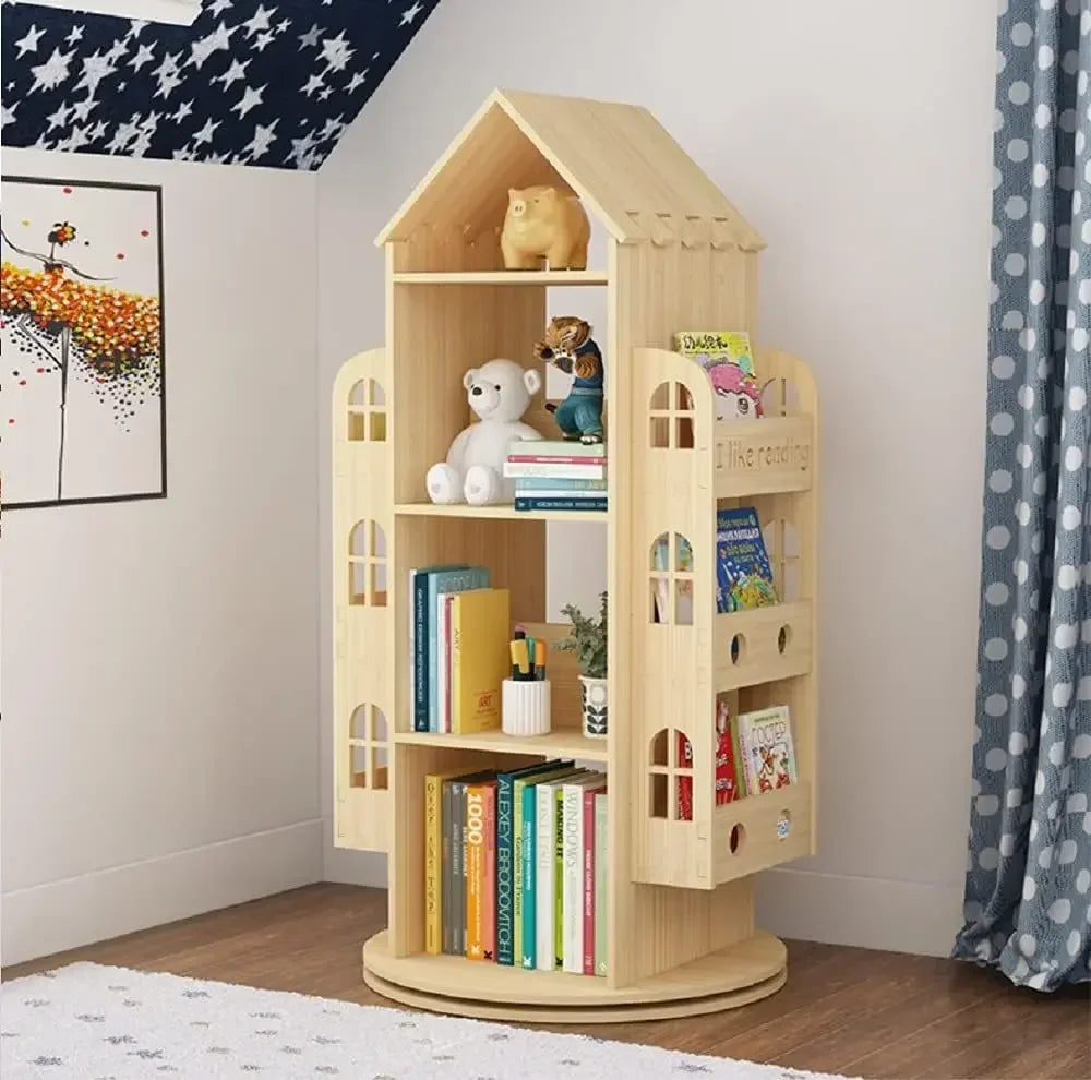 Rotating Bookshelf 360 Display Wooden Bookcase Storage Rack Kids Organizer