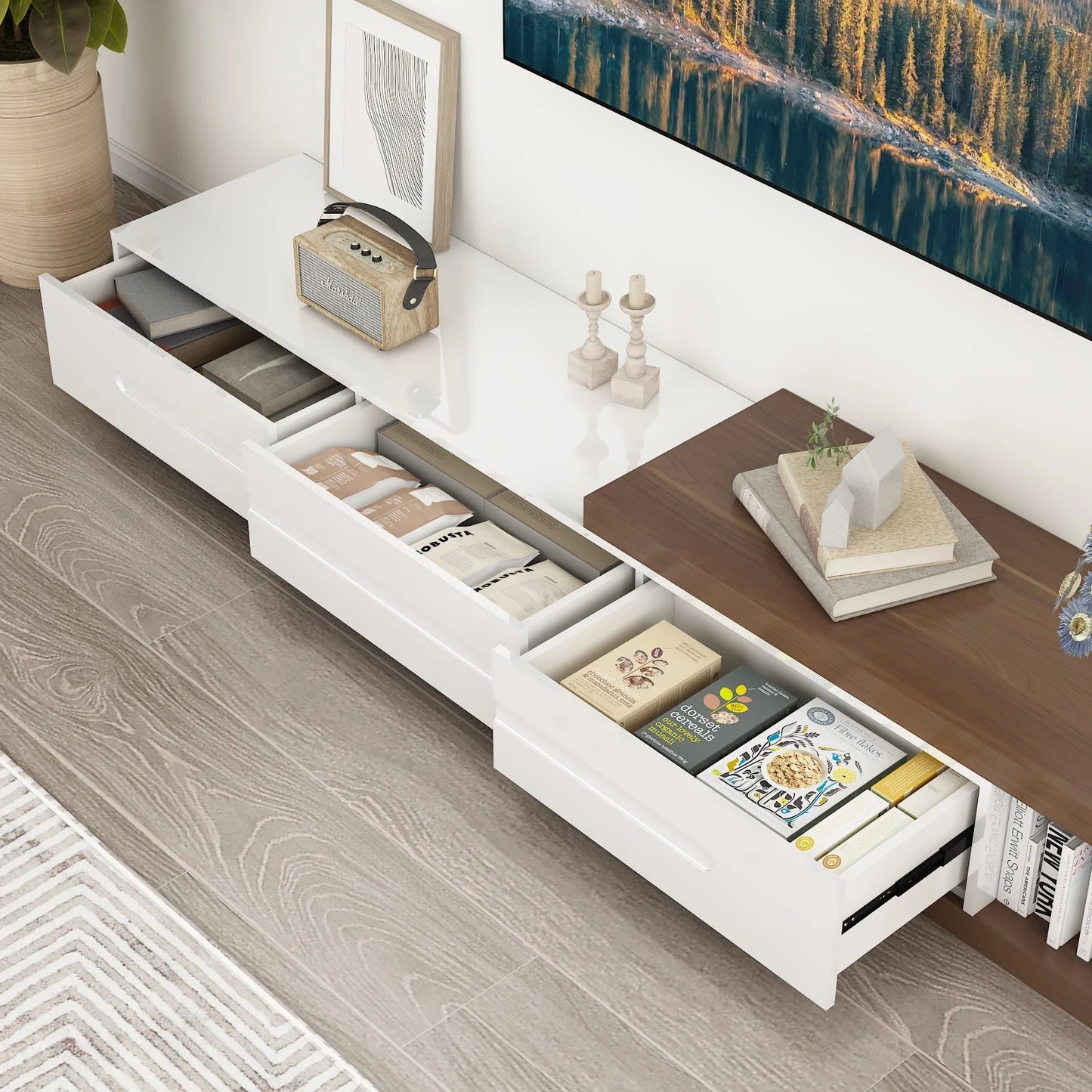 Extendable TV Stand for 120" TV Modern Wood Console with Drawers