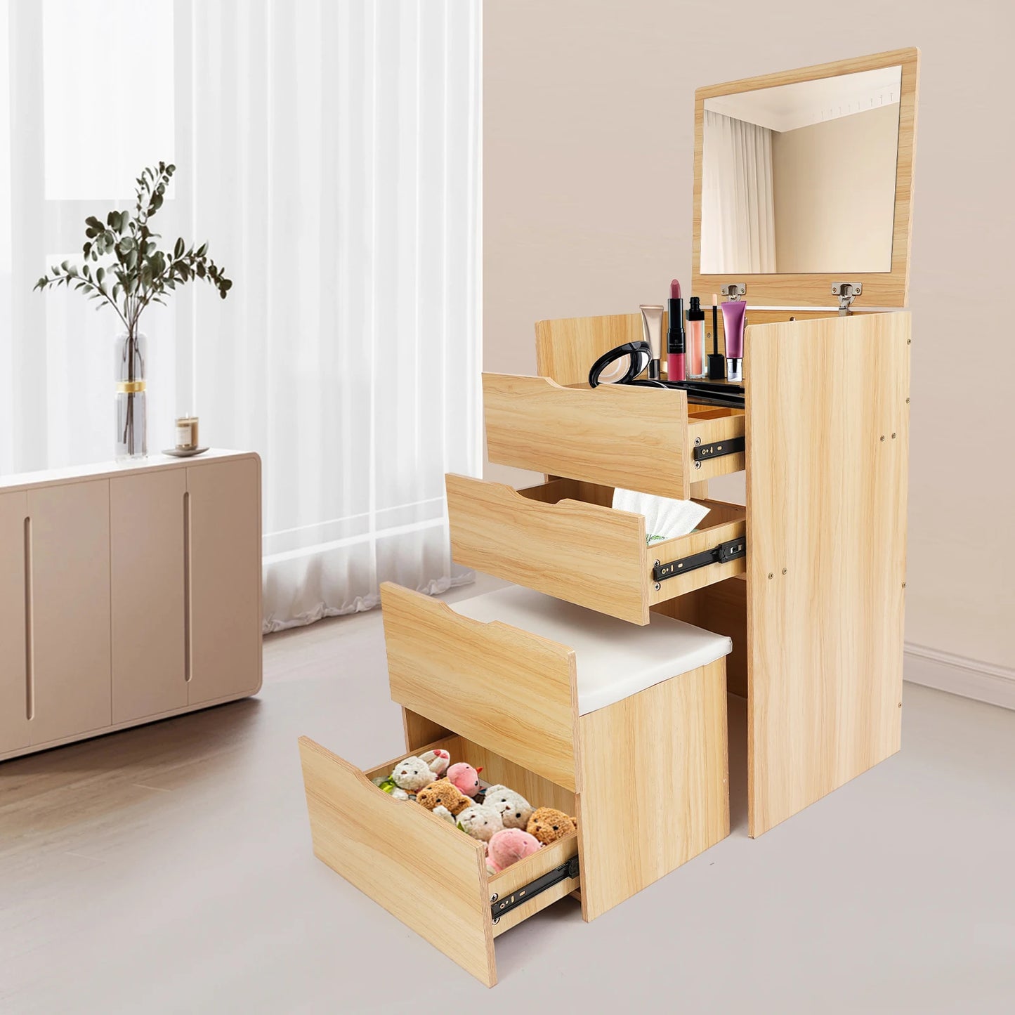 48CM Log Color Vanity Desk with Makeup Stool Modern Dresser Table