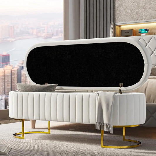 55.5 Inch Velvet Storage Ottoman Bench with Gold Legs Modern Design