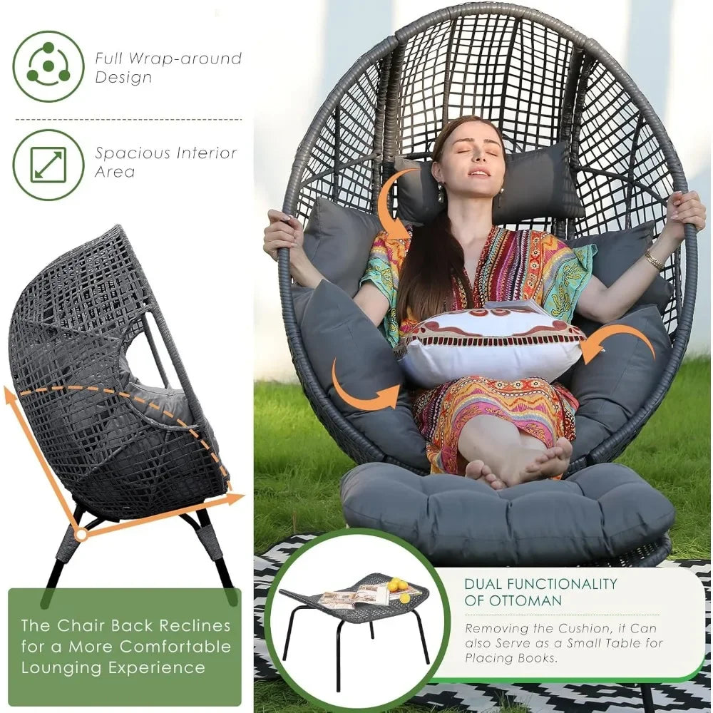 Cozy Patio Egg Chair with Ottoman Indoor Outdoor Lounge Chair 440lbs
