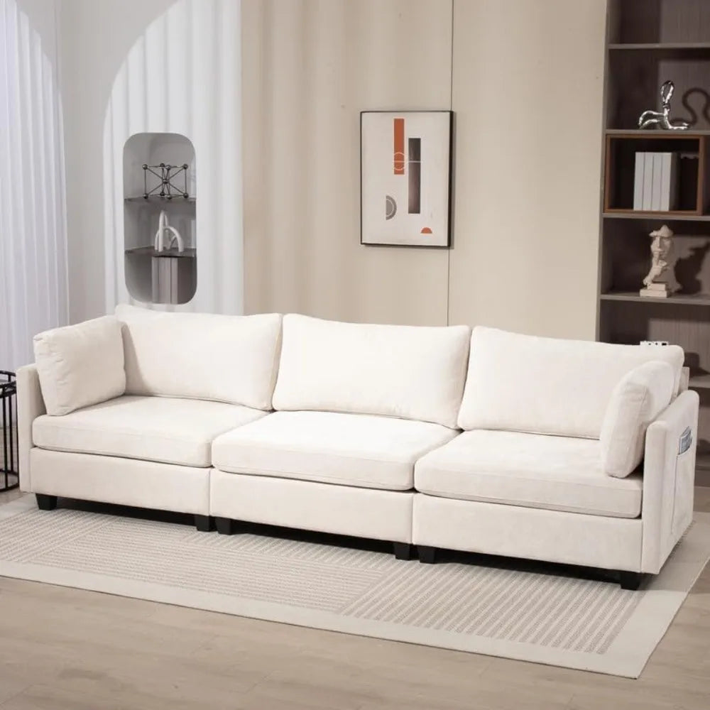 Modern 3-Seater Chenille Sofa Beige Deep Seat Couch with Cushions & Side Pocket