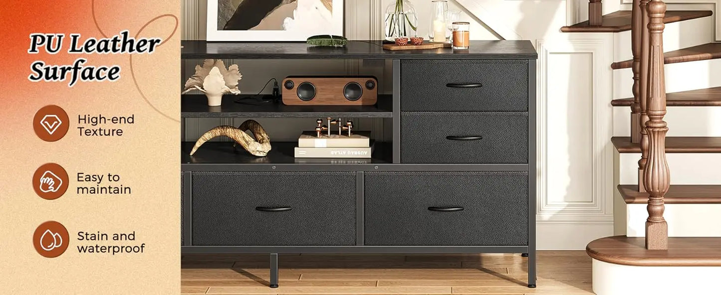 Modern TV Stand with Power Outlets LED Lights 7 Drawer Console