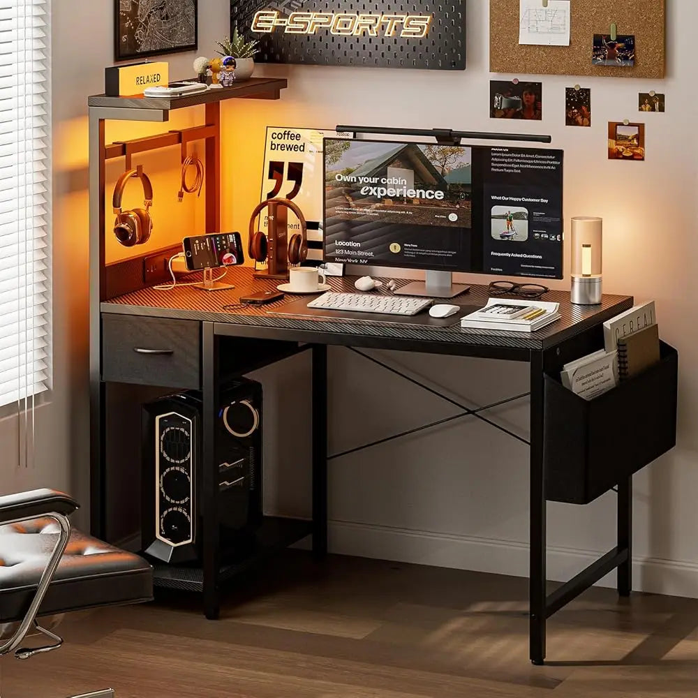 Gaming Desk with Power Outlet LED Light Reversible Shelves Storage Drawer