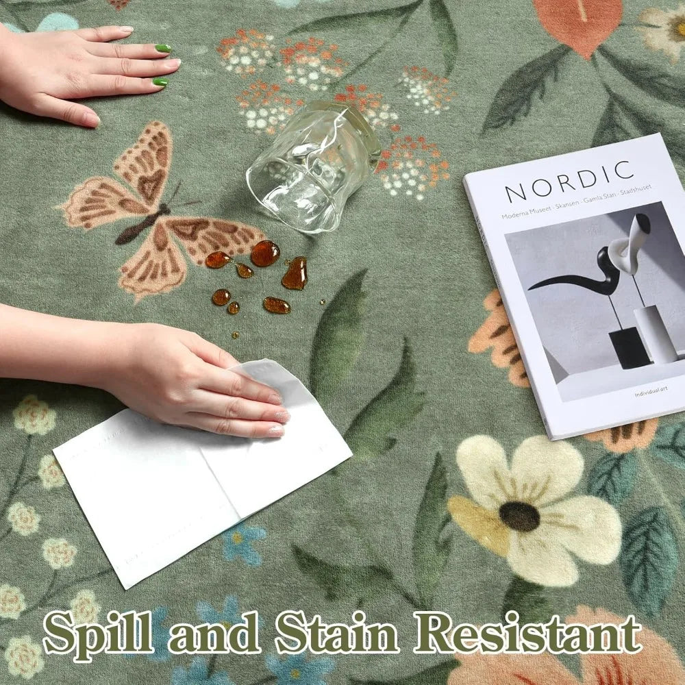 Floral Washable Non-Slip Rug 8x10 Soft Stain Resistant Living Room