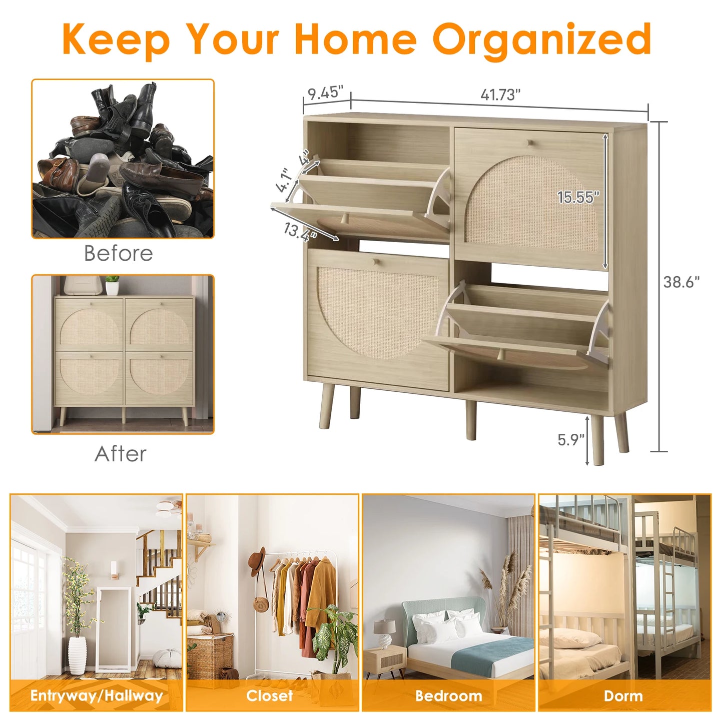 4 Drawer Rattan Shoe Cabinet Storage Organizer Unit for Home