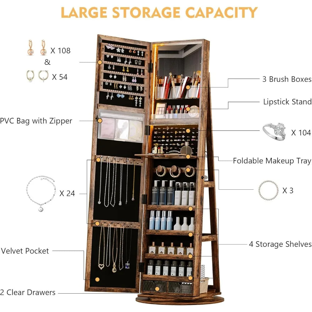 360 Degree Rotating Jewelry Cabinet with Adjustable Lighting and Mirror