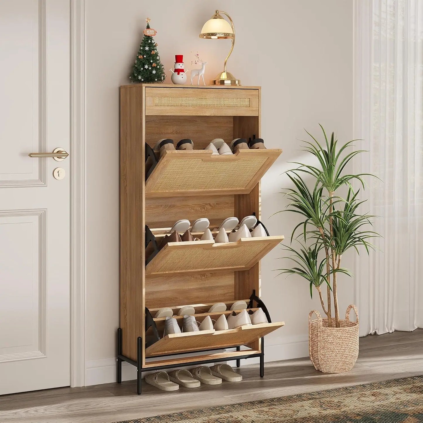 Shoe Cabinet Storage Organizer Rattan Entryway Freestanding Flip Drawers