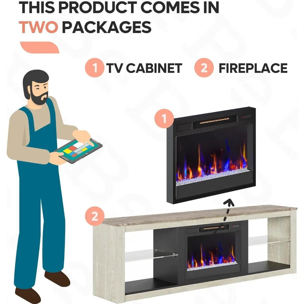 Fireplace TV Stand for 75 inch TV with Electric Fireplace and LED Light