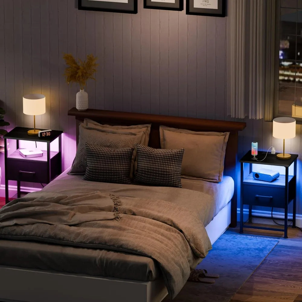 Nightstands Set of 2 with Charging Station LED Light Shelf Modern Design