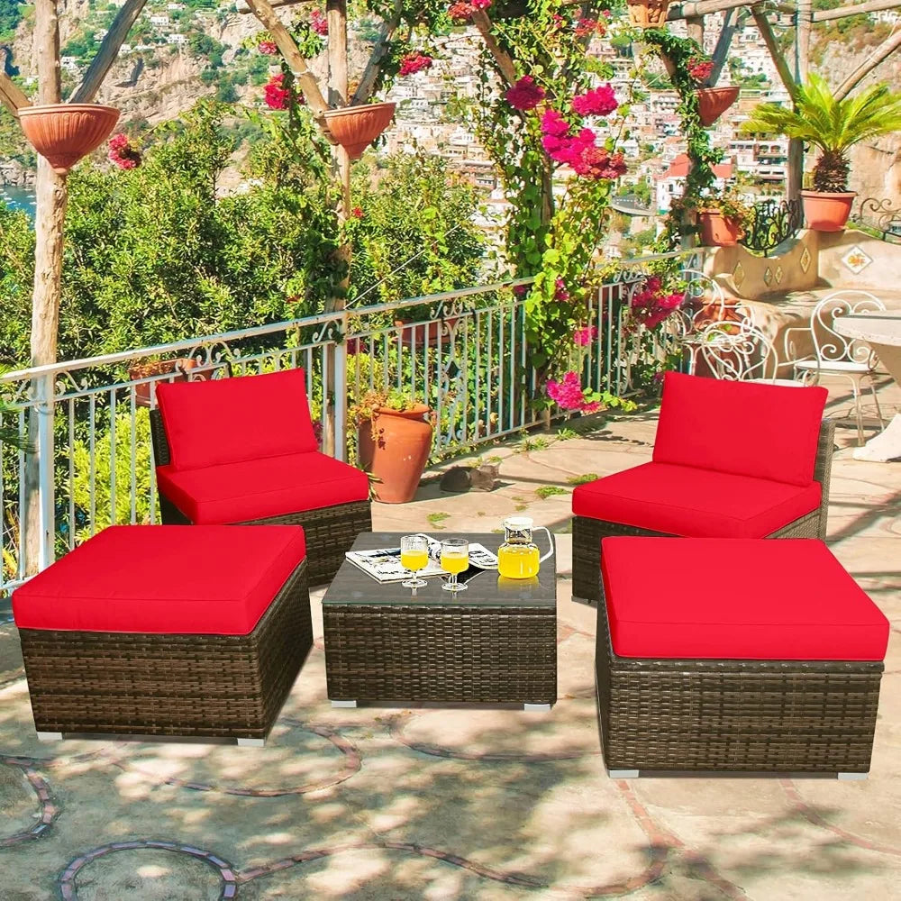 5 Piece Wicker Lounge Chair Set with Glass Coffee Table Outdoor Furniture