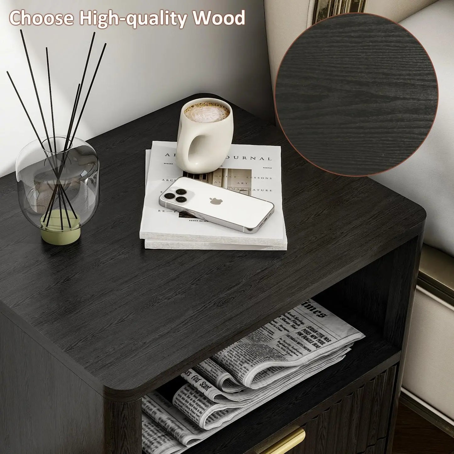 Fluted Nightstands Set of 2 Wooden Bedside Tables Modern Design