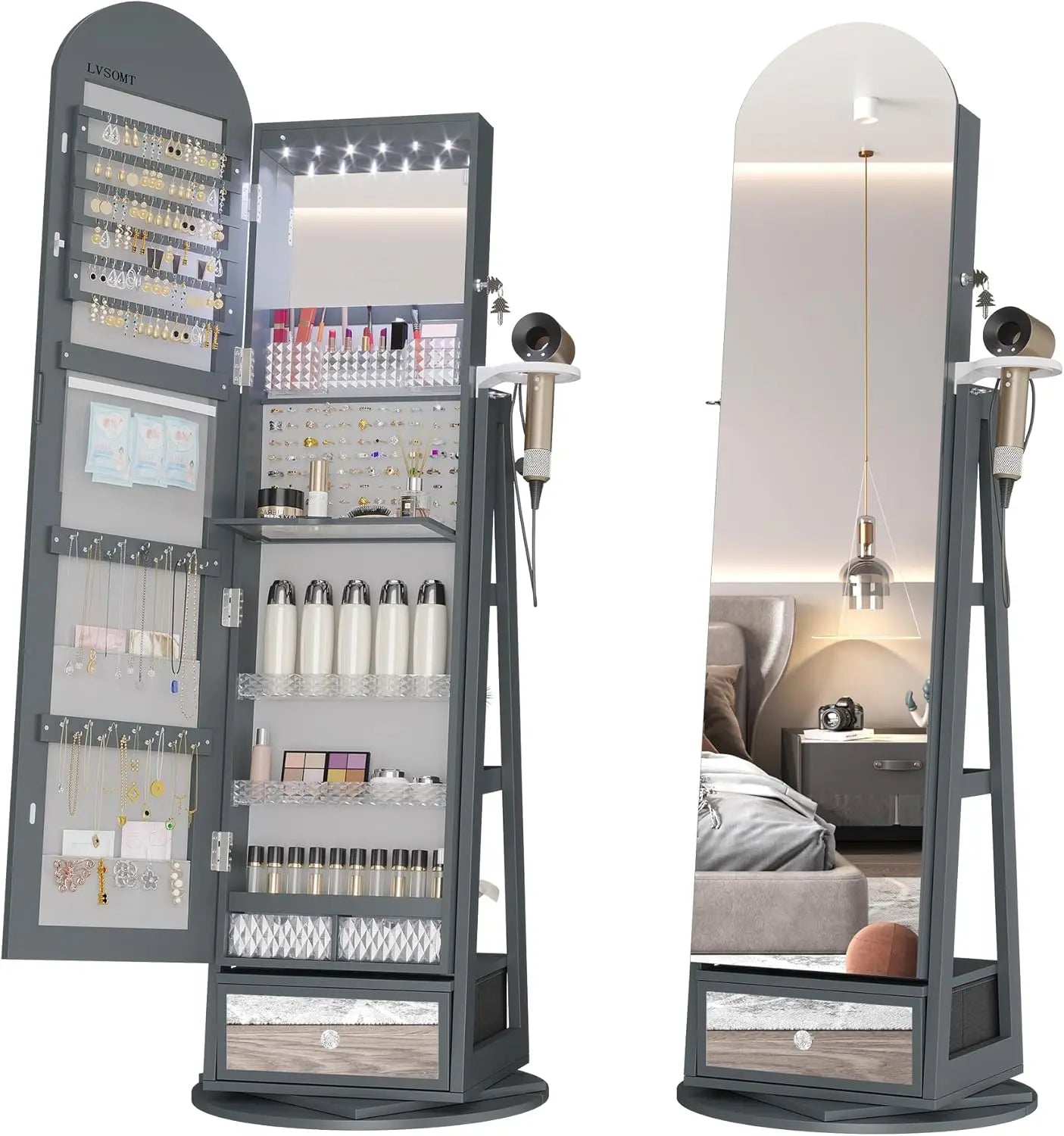 LED Mirror Jewelry Cabinet Lockable Standing Armoire with Adjustable Lights