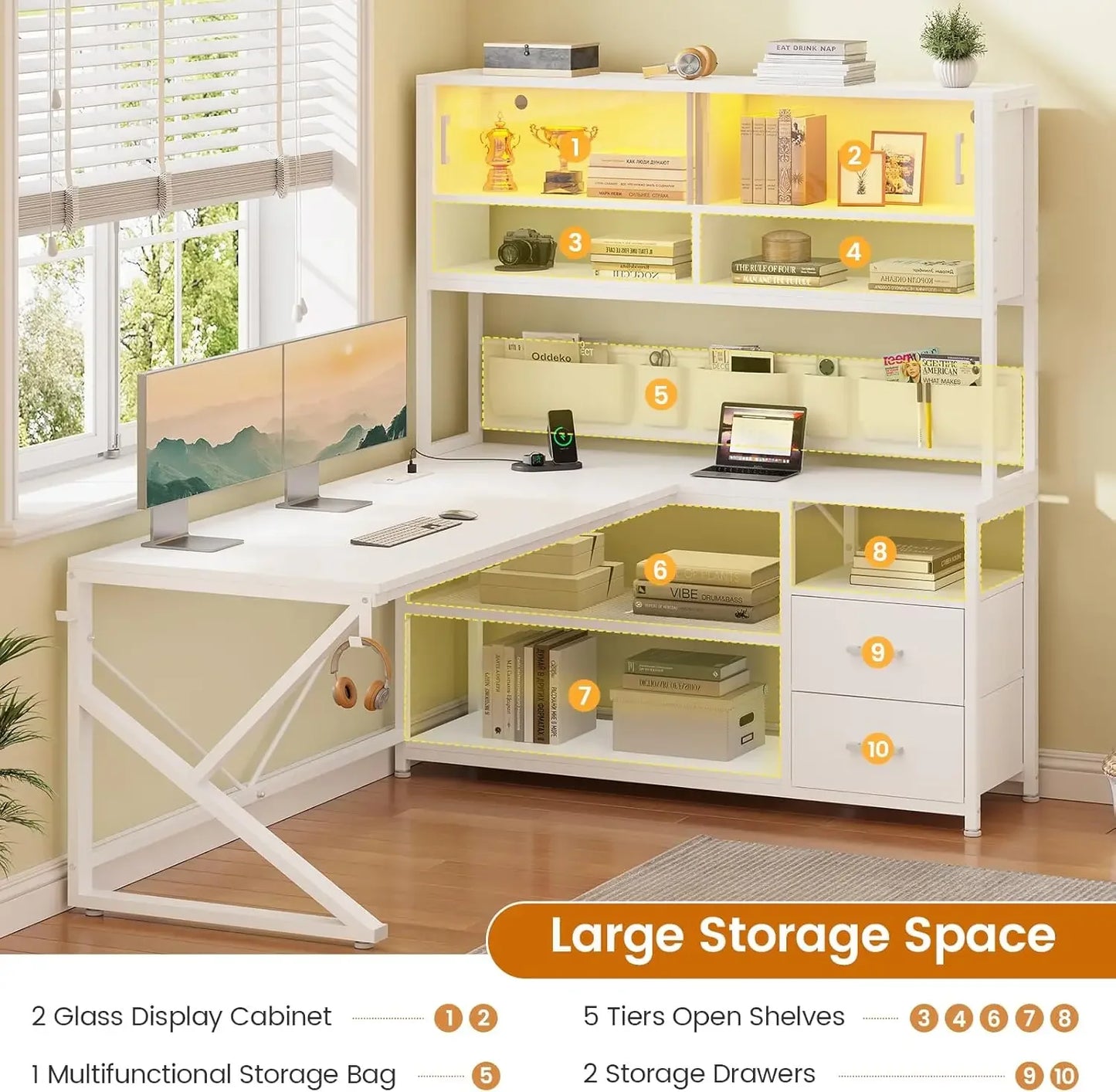 L Shaped Gaming Desk with LED Light 2 Drawers Bookshelf Corner Desk