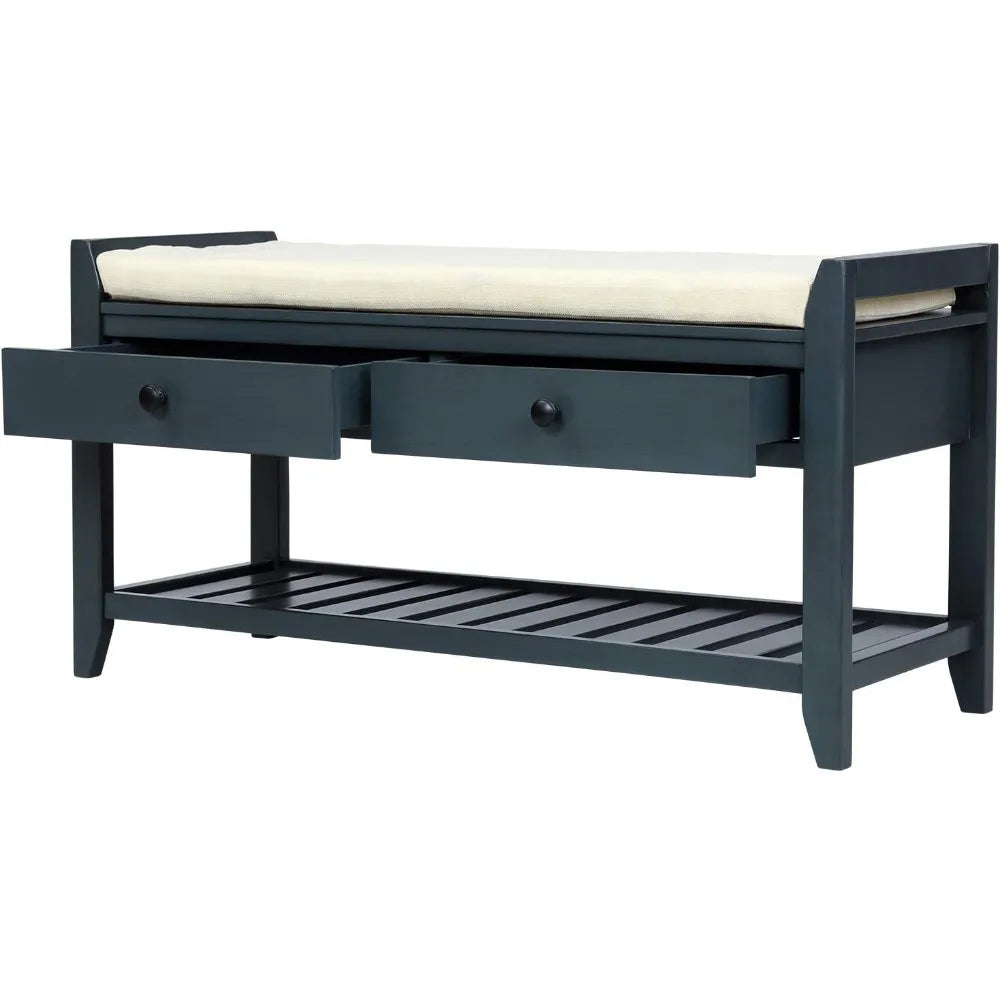 Entry Storage Bench with Cushioned Seat and 2 Drawers for Shoes
