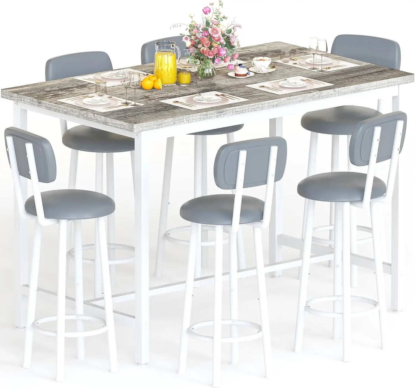 7-Piece Modern Dining Table Set with 6 PU Leather Bar Chairs