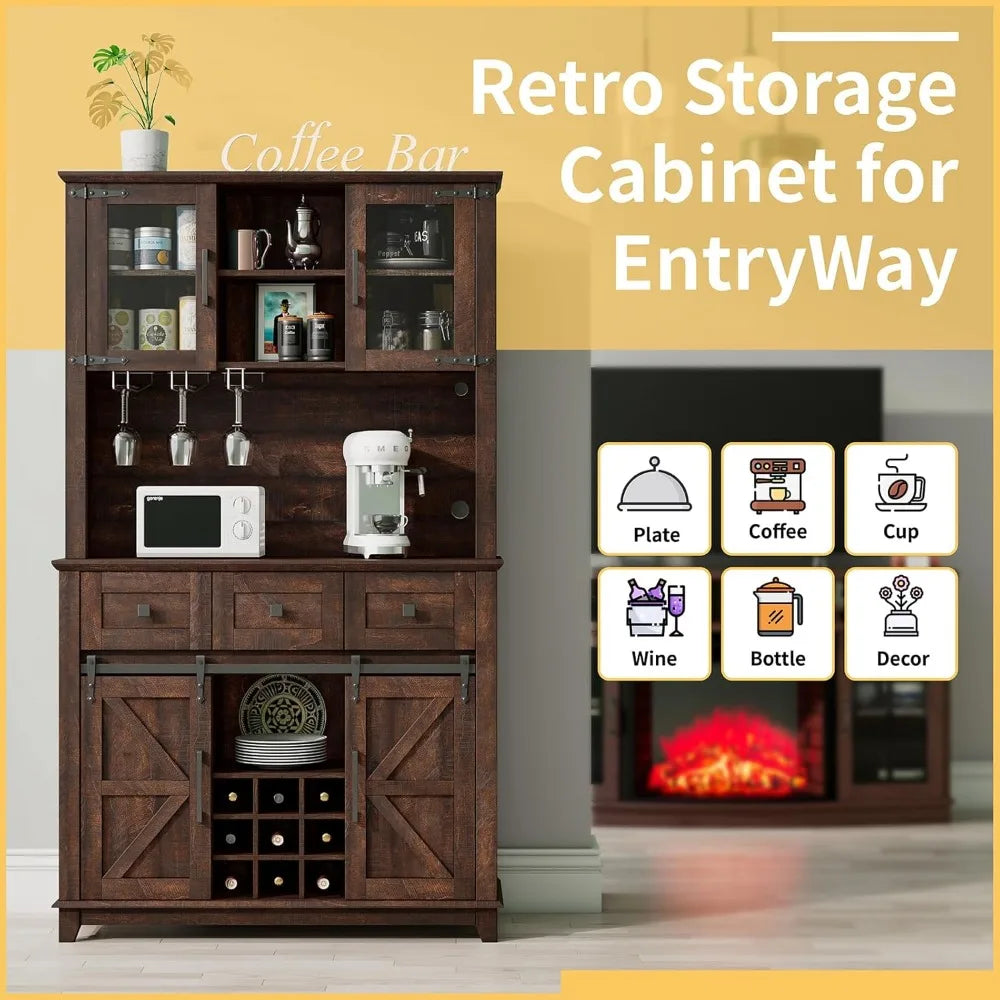 72 Inch Coffee Bar Wine Cabinet with Sliding Barn Door LED Lights