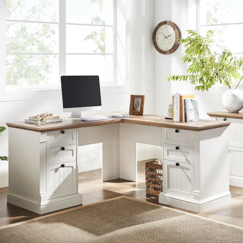 Ljustra Farmhouse L-Shaped Desk with Drawers and Charging Station