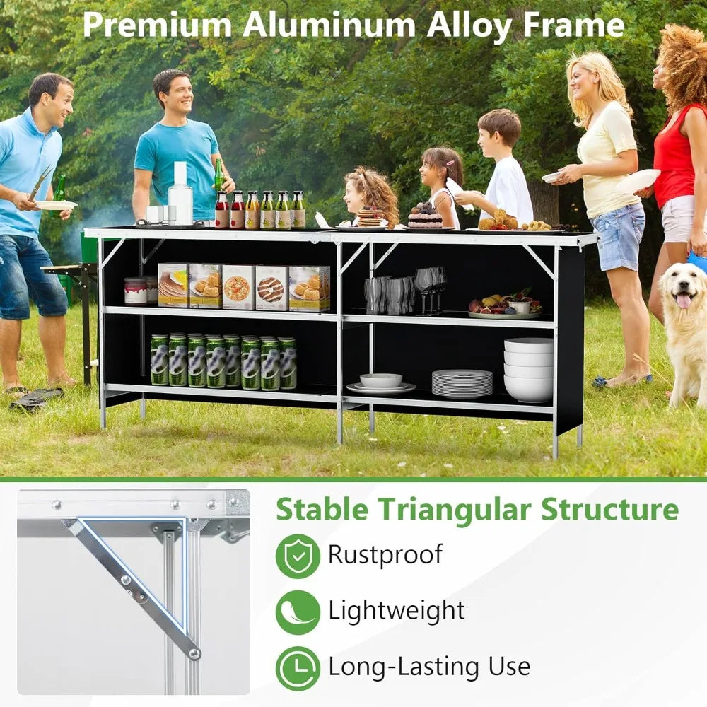 81 Inch Extra Long Portable Bar Table with Storage Shelves Folding Station