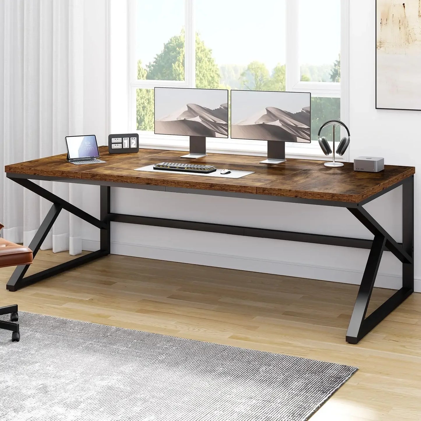 Large Metal Wood Computer Desk for 2 Monitors 70 Inch Home Office
