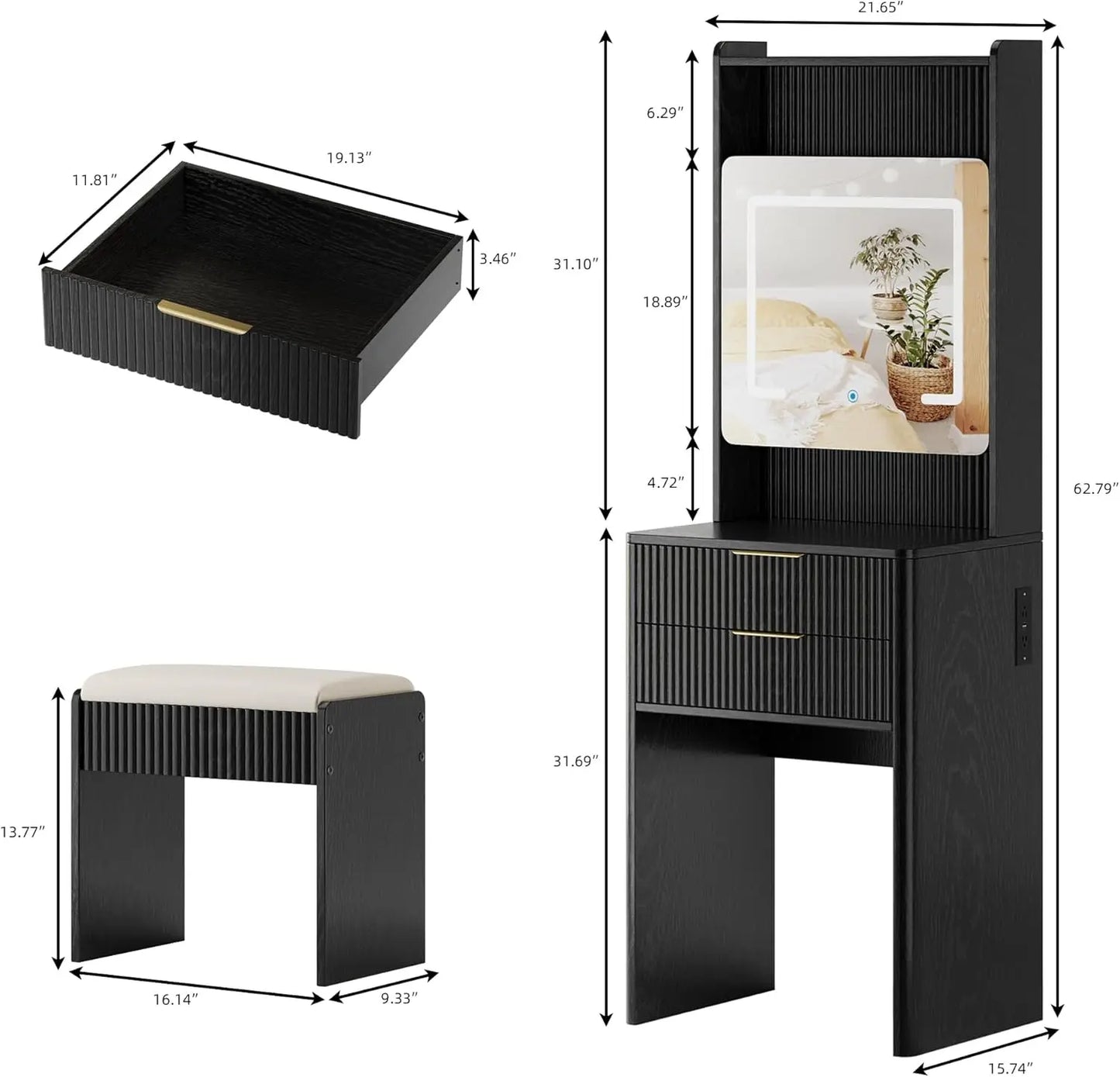 Black Vanity Desk with Mirror LED Lights Charging Station Makeup Table