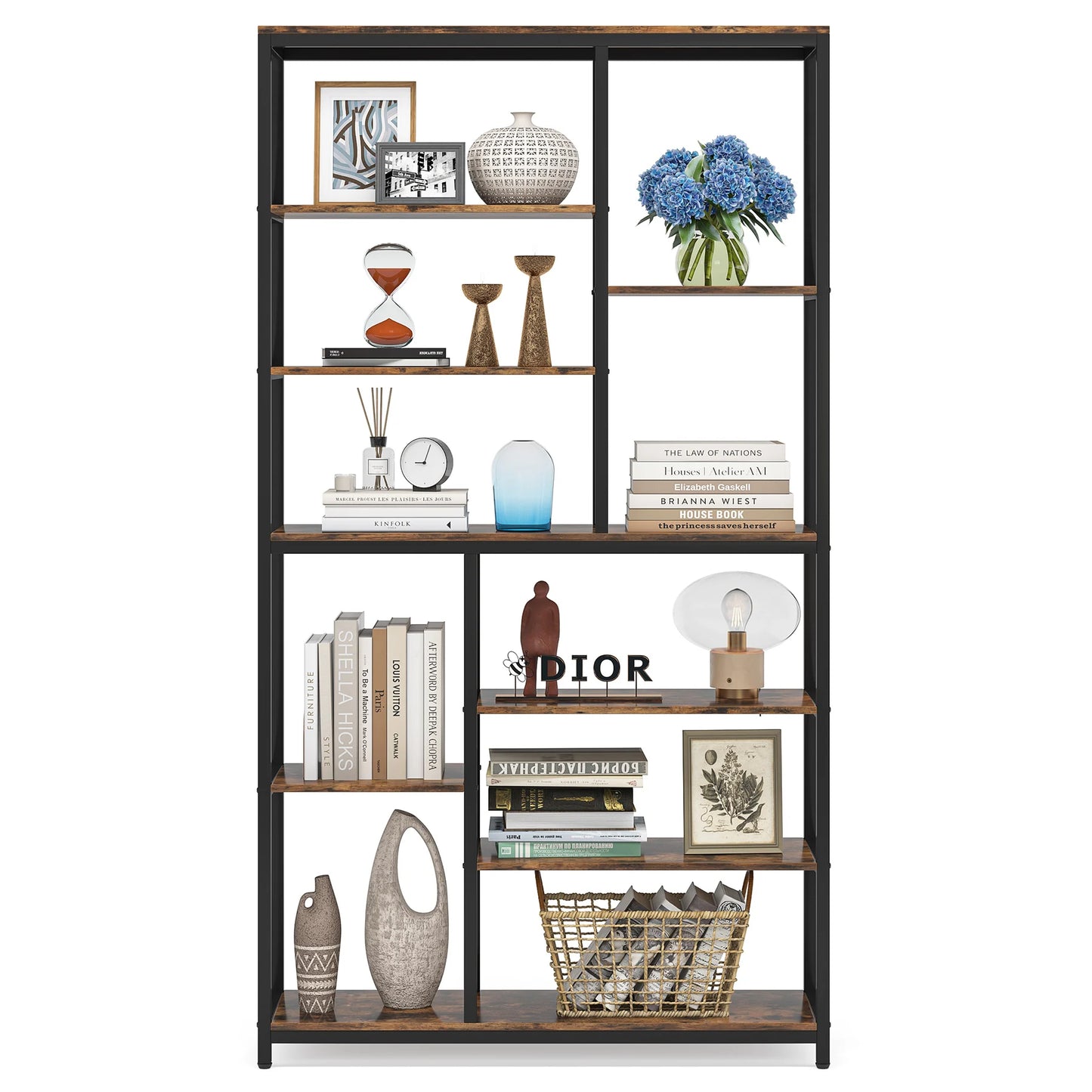 Ljustra Modern 8-Tier Staggered Bookcase Wide Wood Etagere Shelving Unit