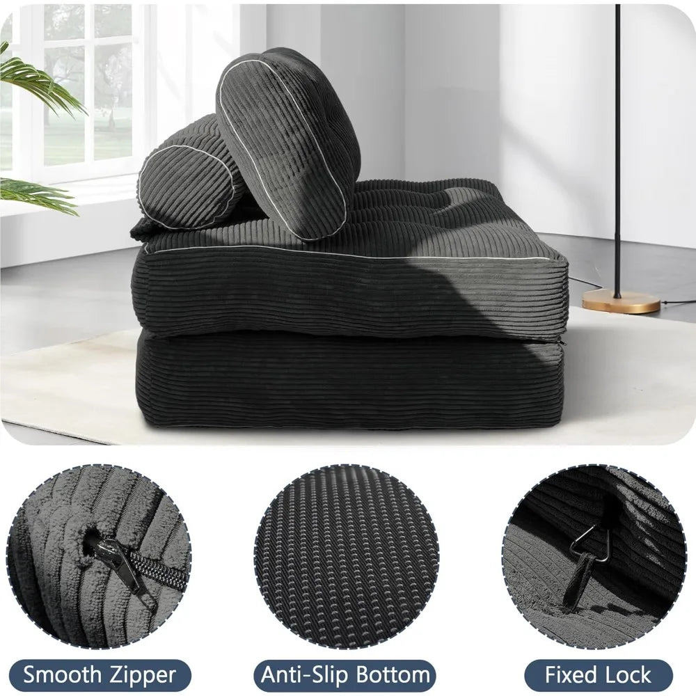 5-in-1 Convertible Corduroy Sleeper Chair Bed, Folding Sofa Couch with Pillow – Black