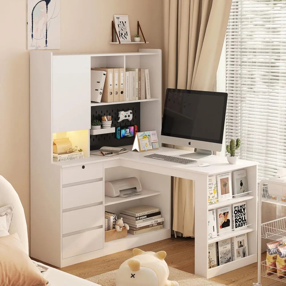 Modern L Shaped Desk with Drawers Bookshelf Corner Home Office LED Light
