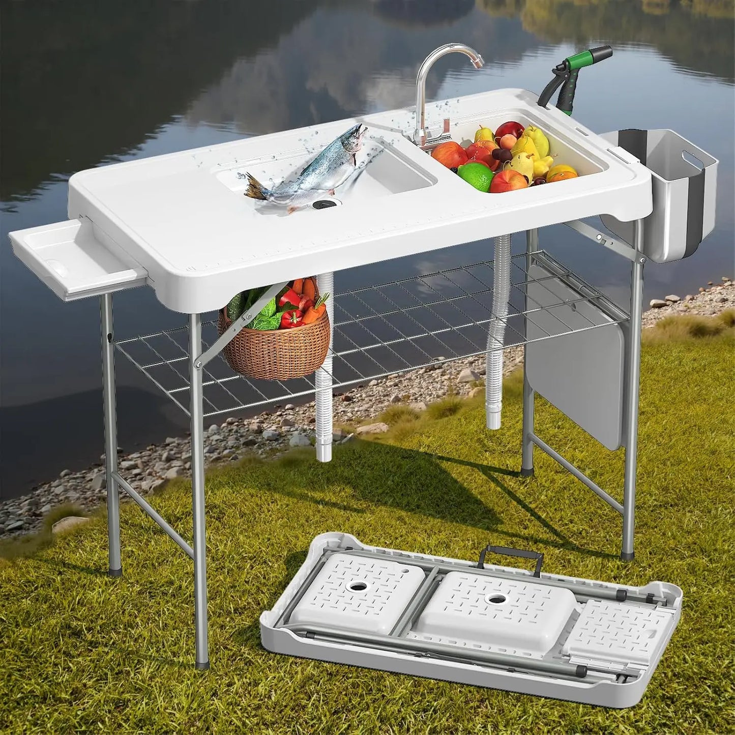 Folding Fish Cleaning Table with 2 Sinks Portable Camping Outdoor