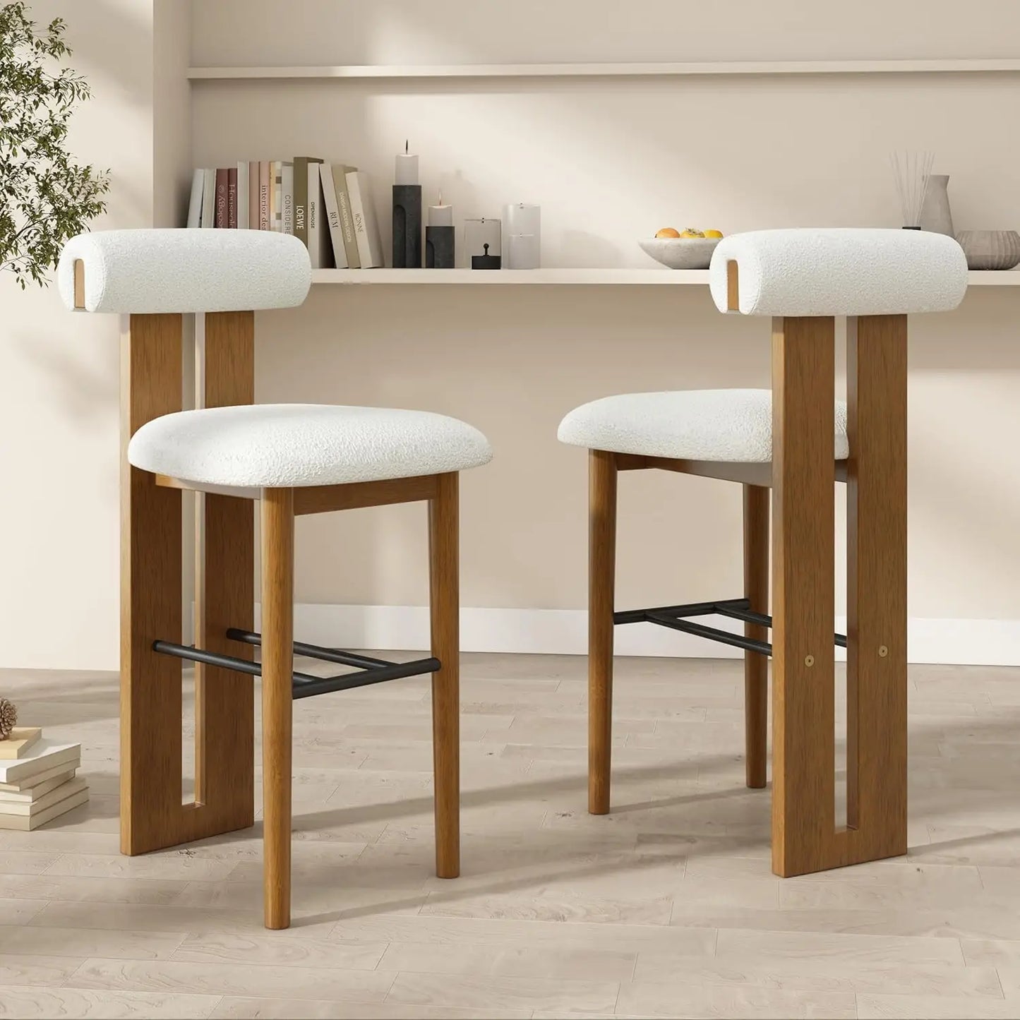 Set of 2 Wood Upholstered Barstools Mid-Back Modern Counter Stools