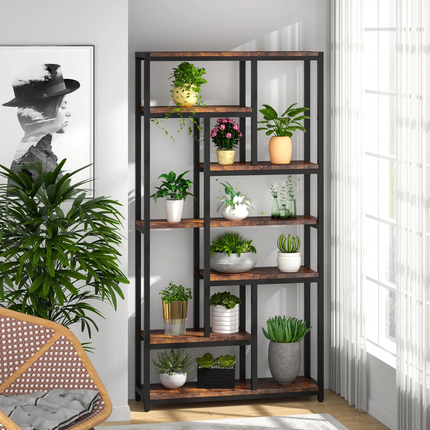 Ljustra Modern 8-Tier Staggered Bookcase Wide Wood Etagere Shelving Unit