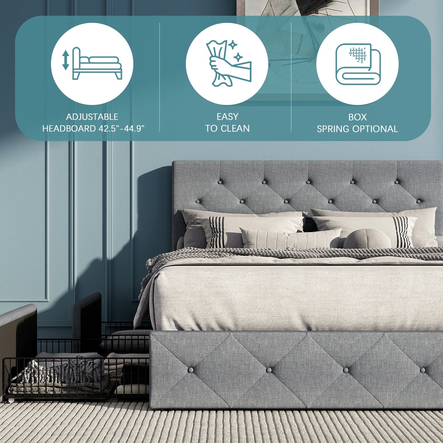 Ljustra Platform Storage Bed Frame 4 Drawers Adjustable Headboard Modern