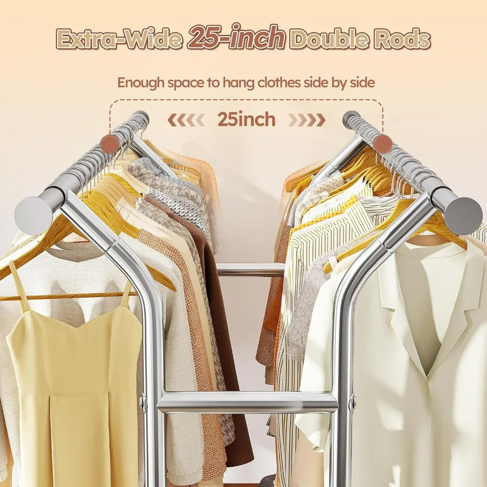 Heavy Duty Double Rod Clothing Rack with Wheels 630LBS Capacity