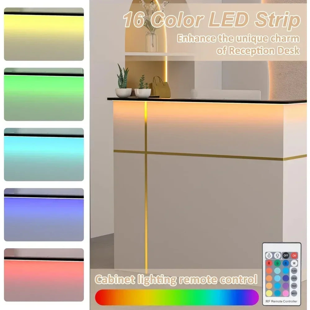 Reception Desk with LED Lights Modern Checkout Counter with Storage Lockers