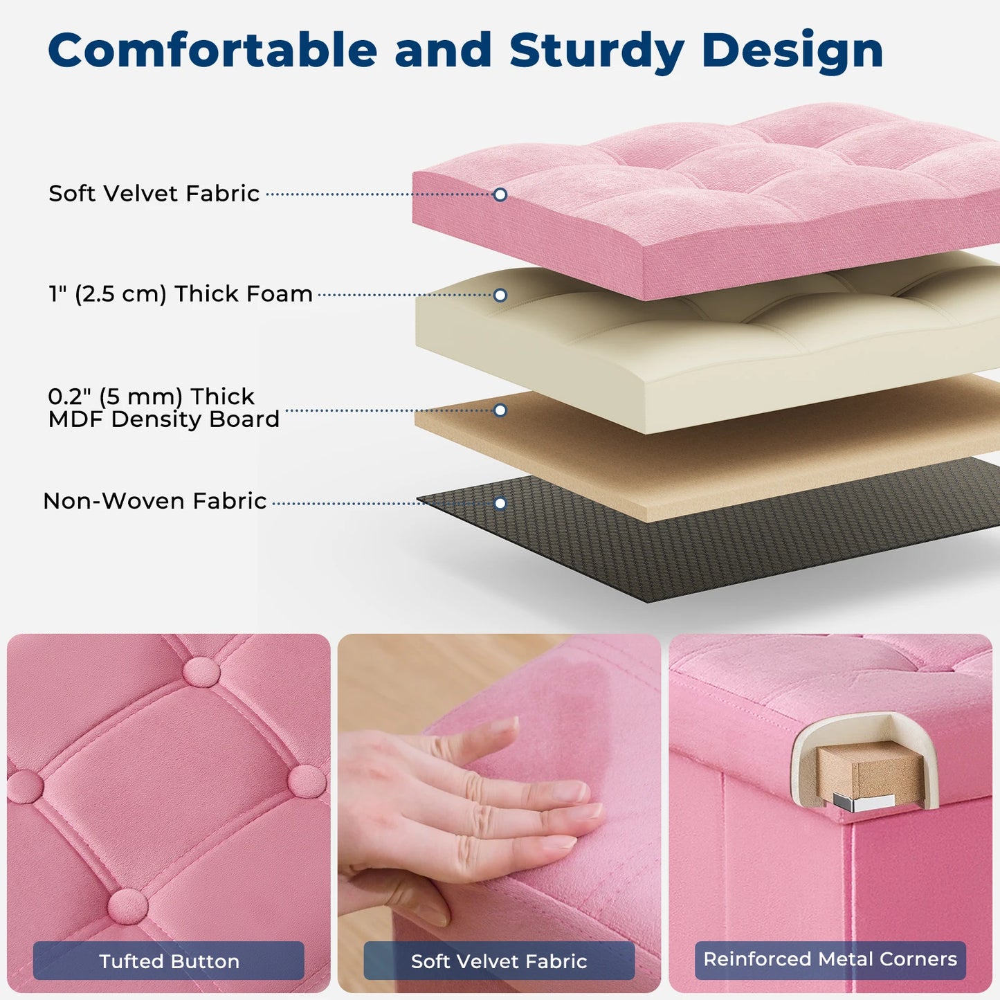 Ljustra 16 Inch Foldable Storage Ottoman Velvet Footrest Stool for Home