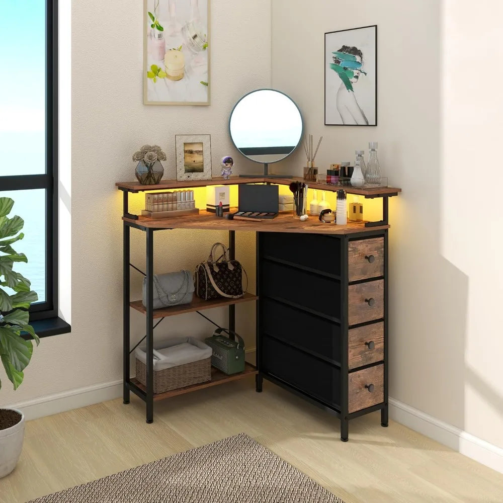 Corner Desk with Drawers Shelves Triangle Computer Desk LED Light
