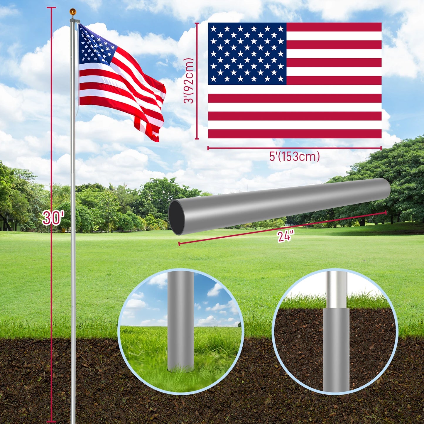 30FT Aluminum Flag Pole Kit with 5x3 US Flag for Outdoor Display