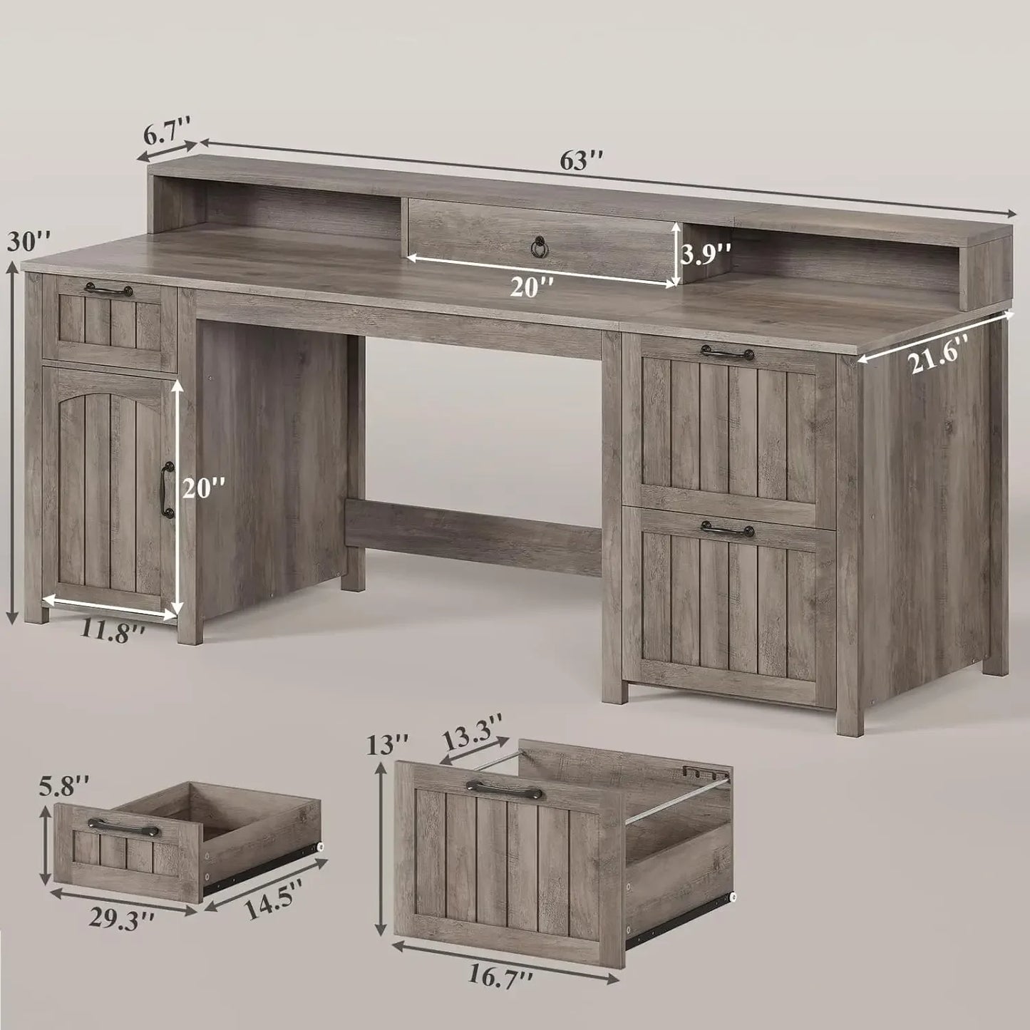 Farmhouse 63 Inch Executive Desk with Storage for Home Office Organization
