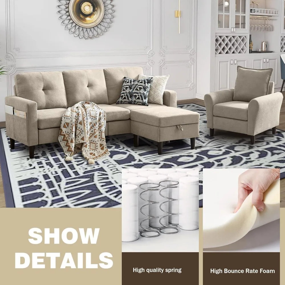 Ljustra Convertible Sectional Sofa Set Modern 3-Seat Couch Reversible Chaise