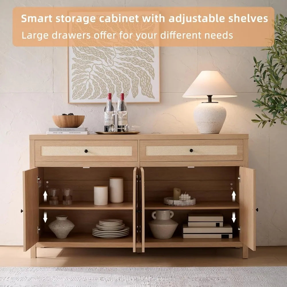 60 Inch Large Sideboard Buffet Cabinet Rattan Accent Storage